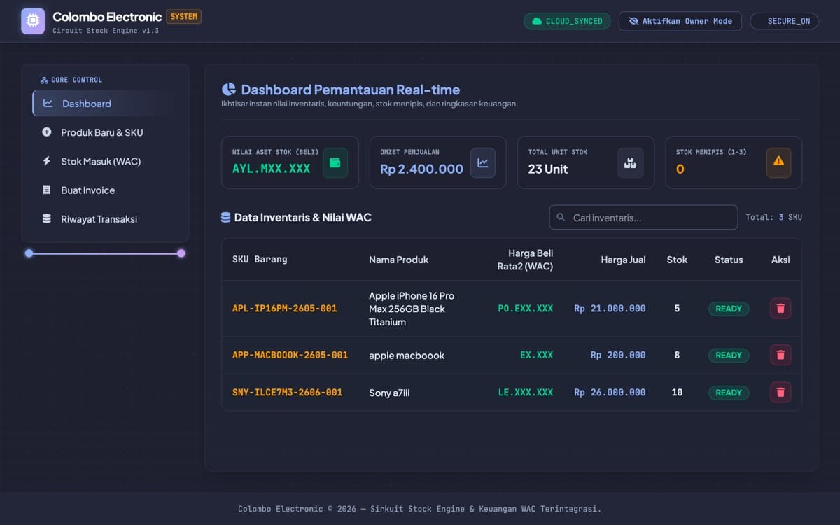 Screenshot of Colombo Electronic — Stock Keeping Engine