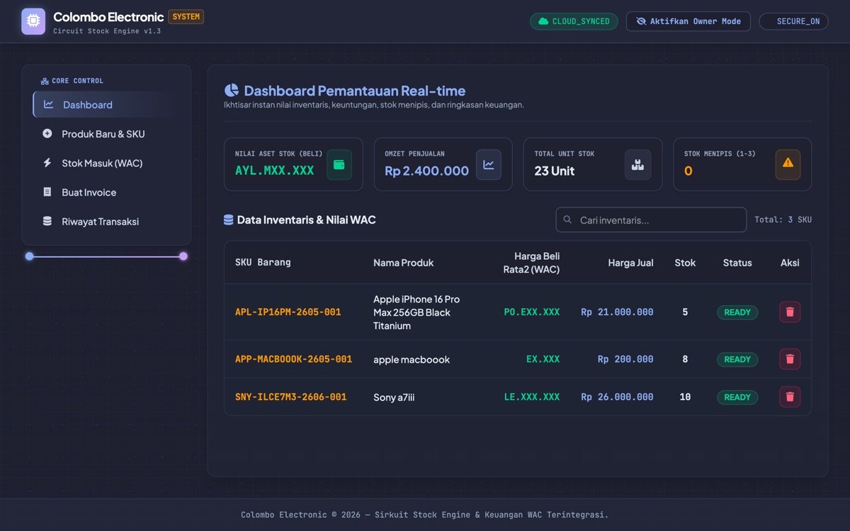 Screenshot of Colombo Electronic — Stock Keeping Engine